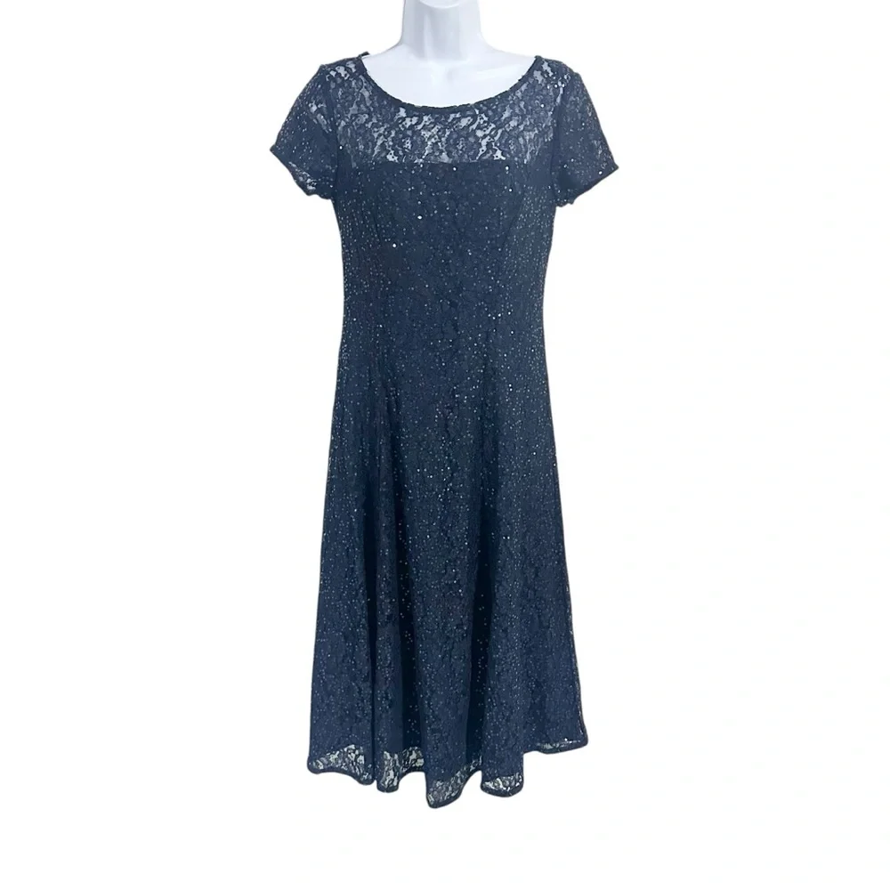 SLNY Navy Blue Sequin Lace Short Sleeve Midi Cocktail Evening Dress Size 2 NWOT - Picture 3 of 7
